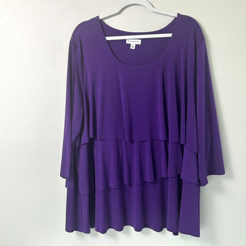 Susan Graver Liquid Knit Tiered Top Womens 3X Purple 3/4 Sleeve Blouse A220987
